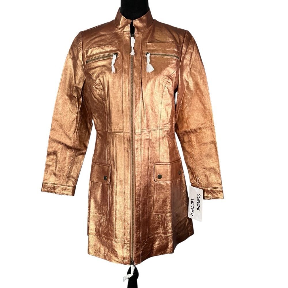 Metrostyle Gold Leather Jacket Metallic Bronze Copper Coat Long Trench A-line